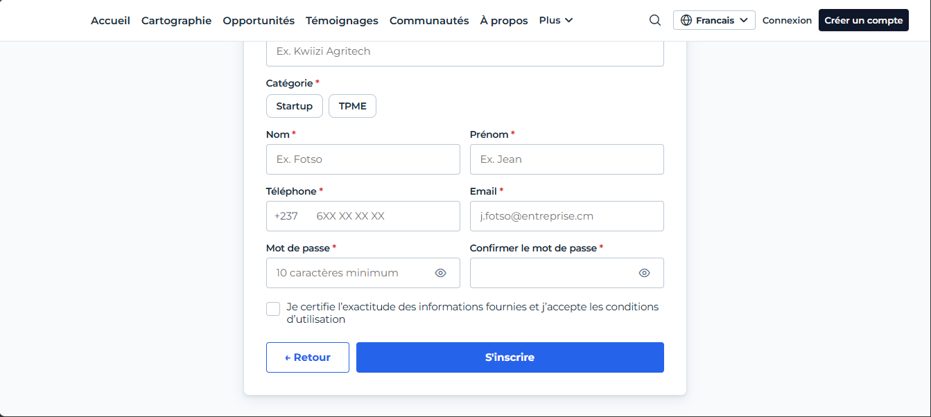 Formulaire Créer un compte Entreprise (suite)